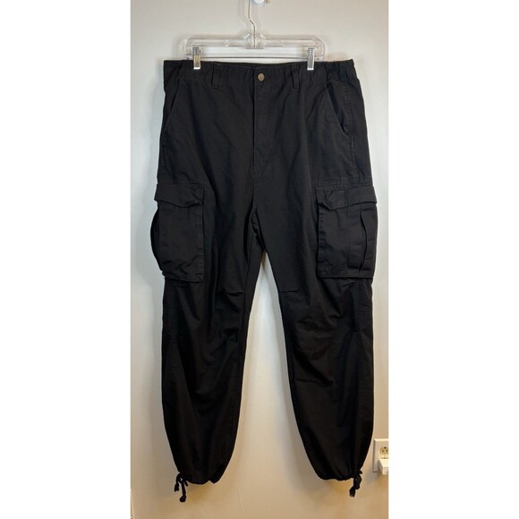 MNML Black Ripstop Cargo Pants Men 36 Utility Baggy Y2K Drawstring Ankle Pockets - Picture 1 of 13